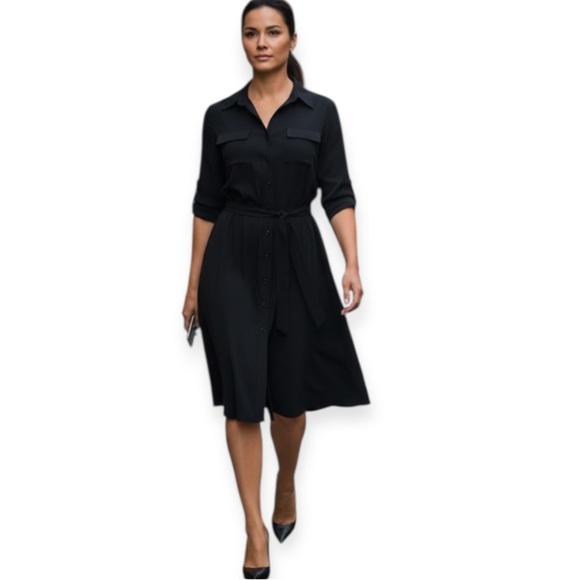 Laundry By Shelli Segal Elegant Black Long Sleeve Button Down with Belt Dress